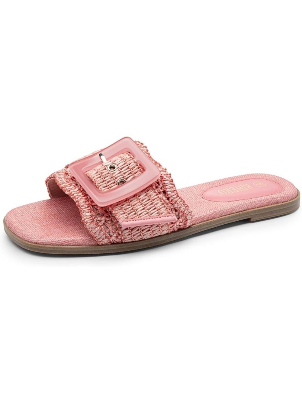 Women's Pink Summer Square Open Toe Raffia Woven Buckle Flat Slide Sandals